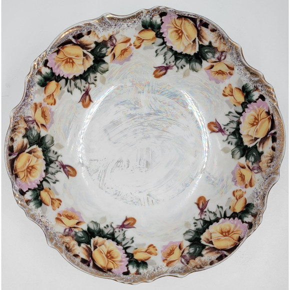 Trimont Ware 8" Bowl Iridescent Pearl Yellow Pink Flowers Gold Trim Japan 1950s - Picture 3 of 9